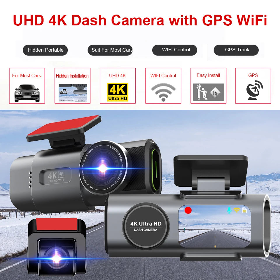 4K Dash Cam for Cars Dual Lens Camera DVR Video Recorder Auto Night Vision Black Box GPS Wi-Fi 24H Parking Mode