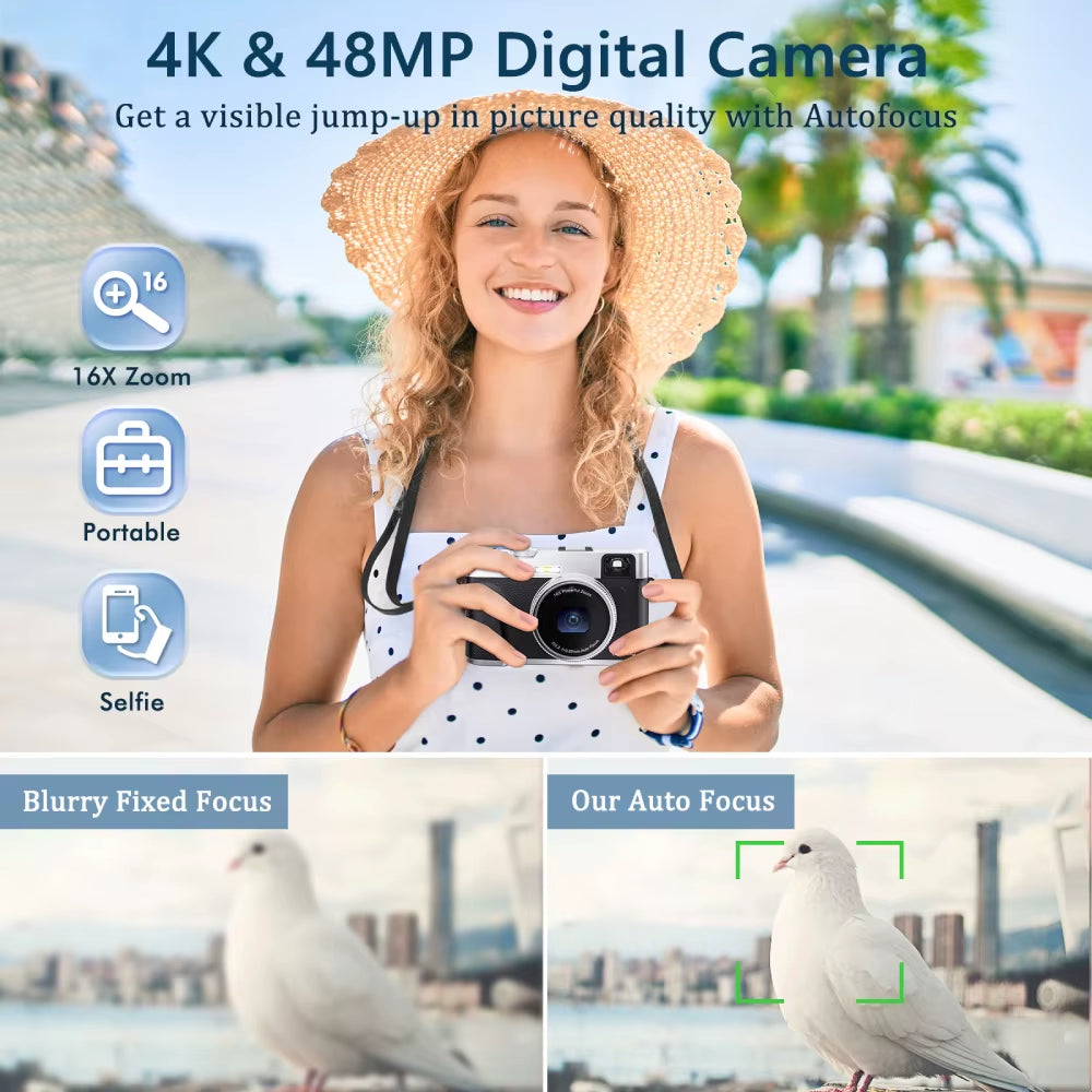 4K Digital Camera, Autofocus 48MP Vlogging Camera, 16X Digital Zoom Video Camera Anti-Shake with 32GB Card - Black