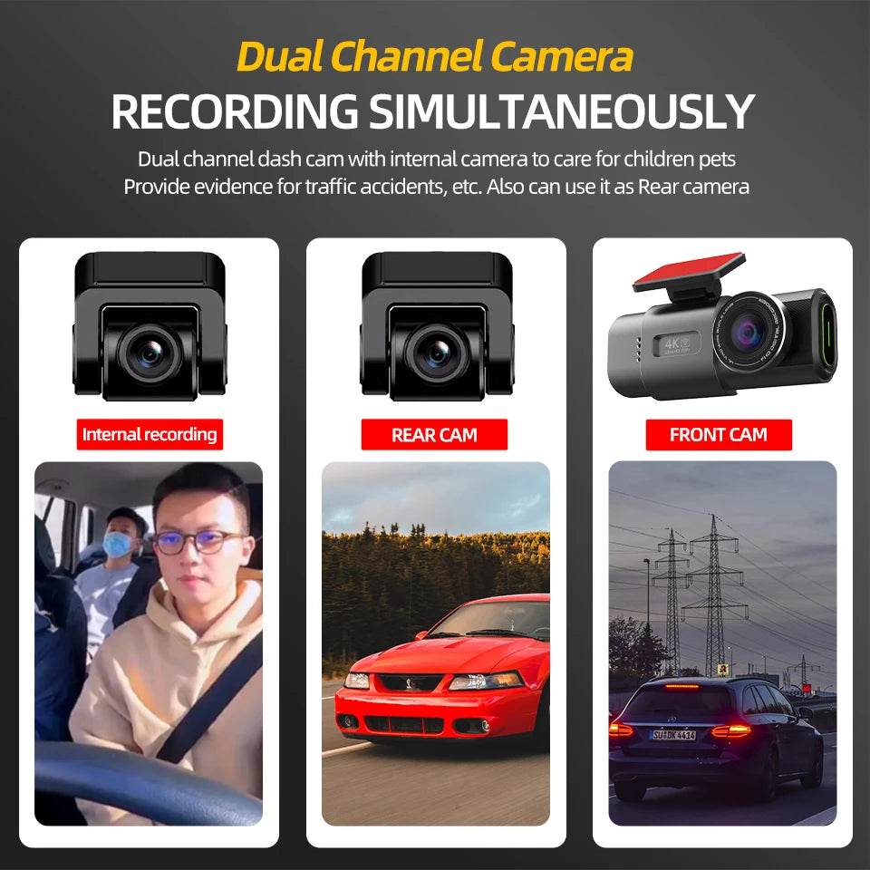 4K Dash Cam for Cars Dual Lens Camera DVR Video Recorder Auto Night Vision Black Box GPS Wi-Fi 24H Parking Mode