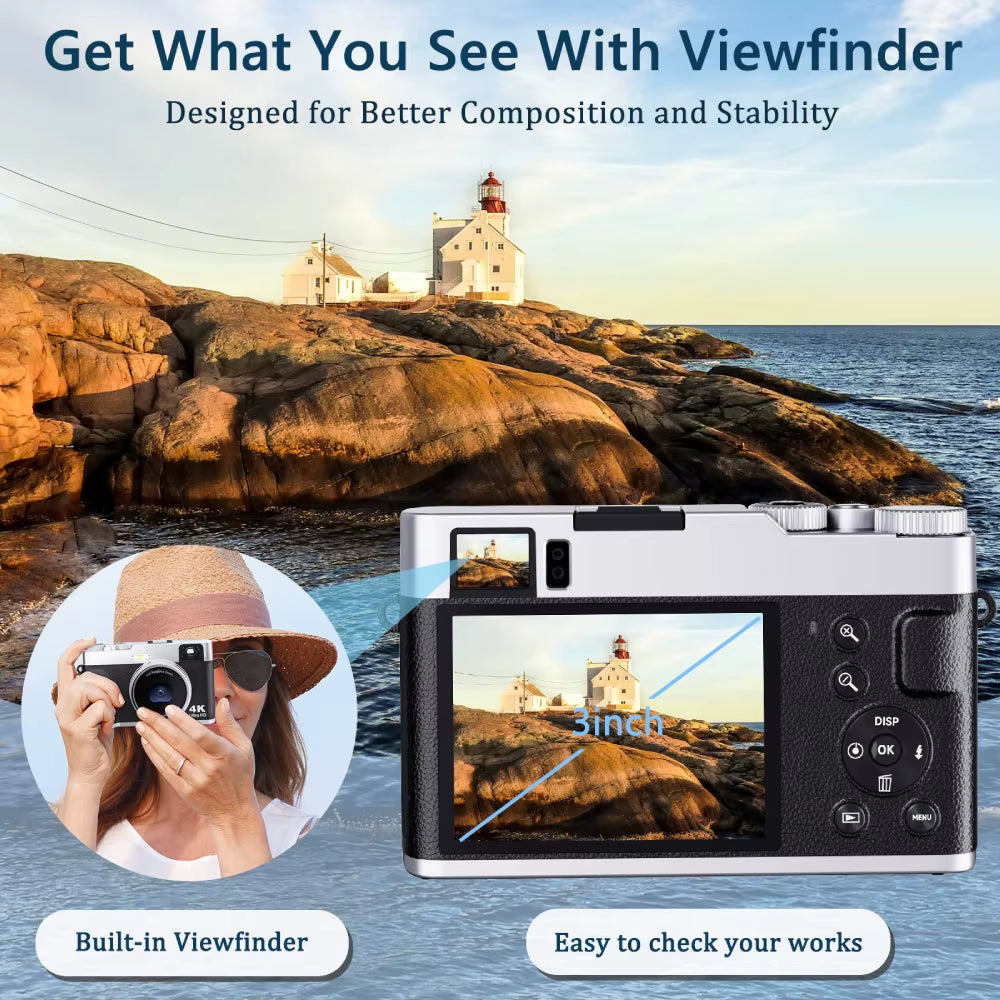 4K Digital Camera, Autofocus 48MP Vlogging Camera, 16X Digital Zoom Video Camera Anti-Shake with 32GB Card - Black