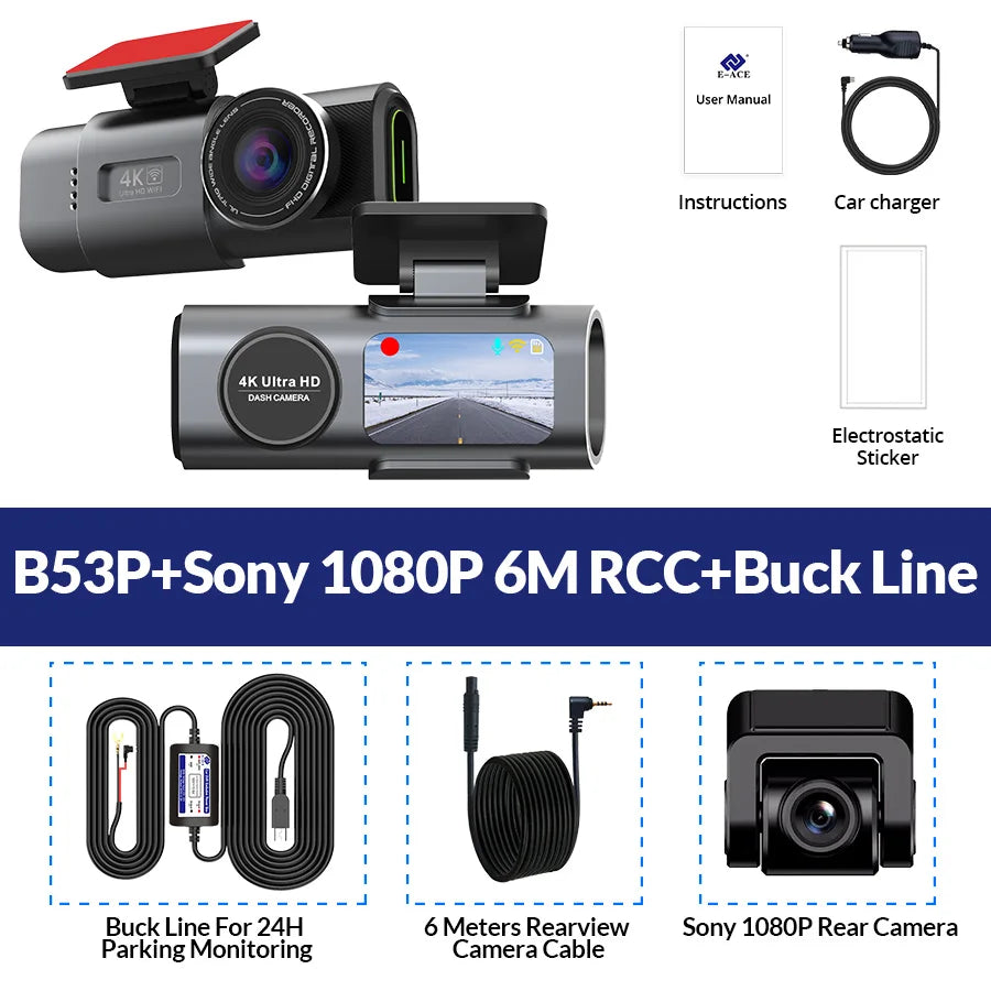 4K Dash Cam for Cars Dual Lens Camera DVR Video Recorder Auto Night Vision Black Box GPS Wi-Fi 24H Parking Mode