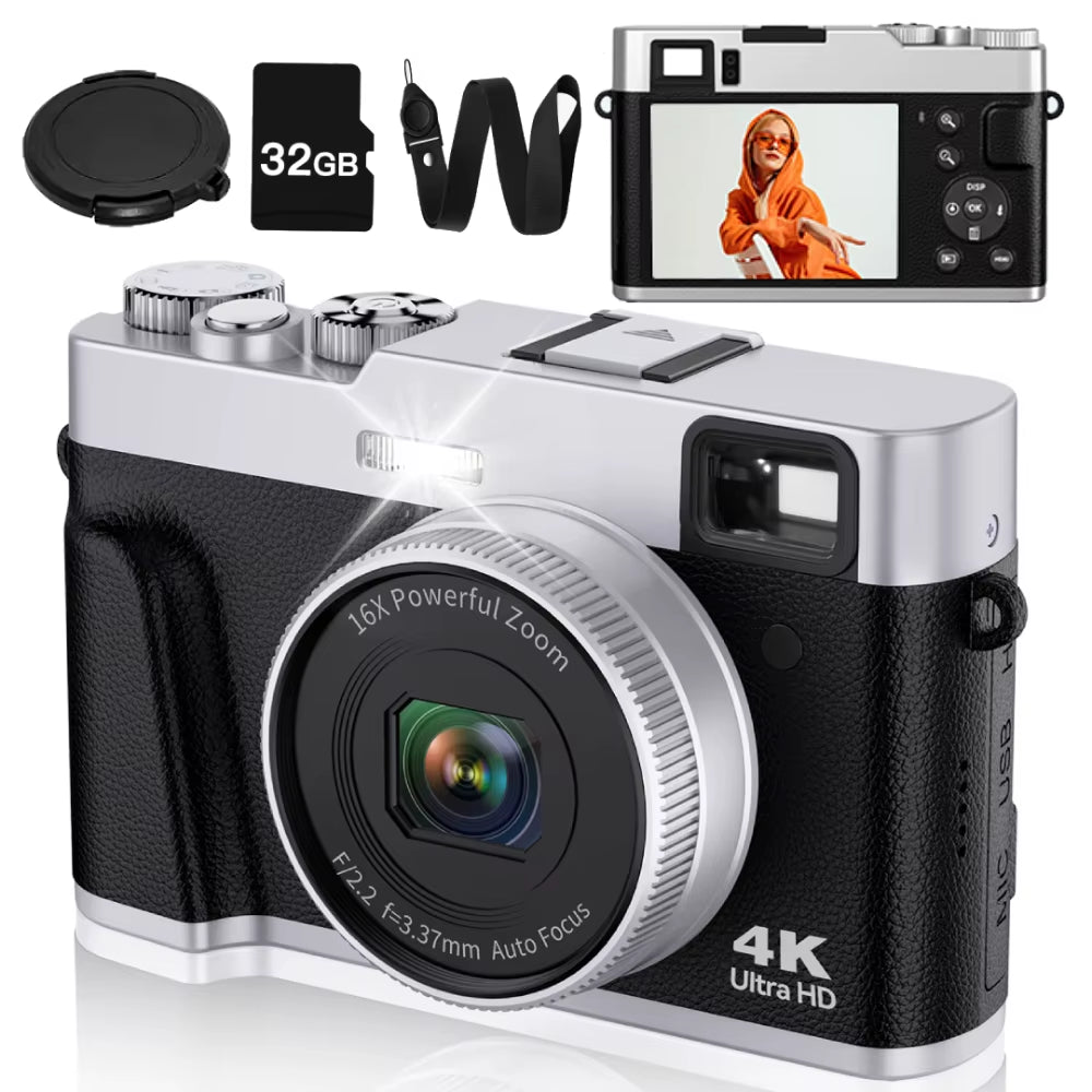 4K Digital Camera, Autofocus 48MP Vlogging Camera, 16X Digital Zoom Video Camera Anti-Shake with 32GB Card - Black