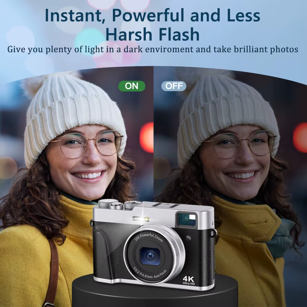 4K Digital Camera, Autofocus 48MP Vlogging Camera, 16X Digital Zoom Video Camera Anti-Shake with 32GB Card - Black