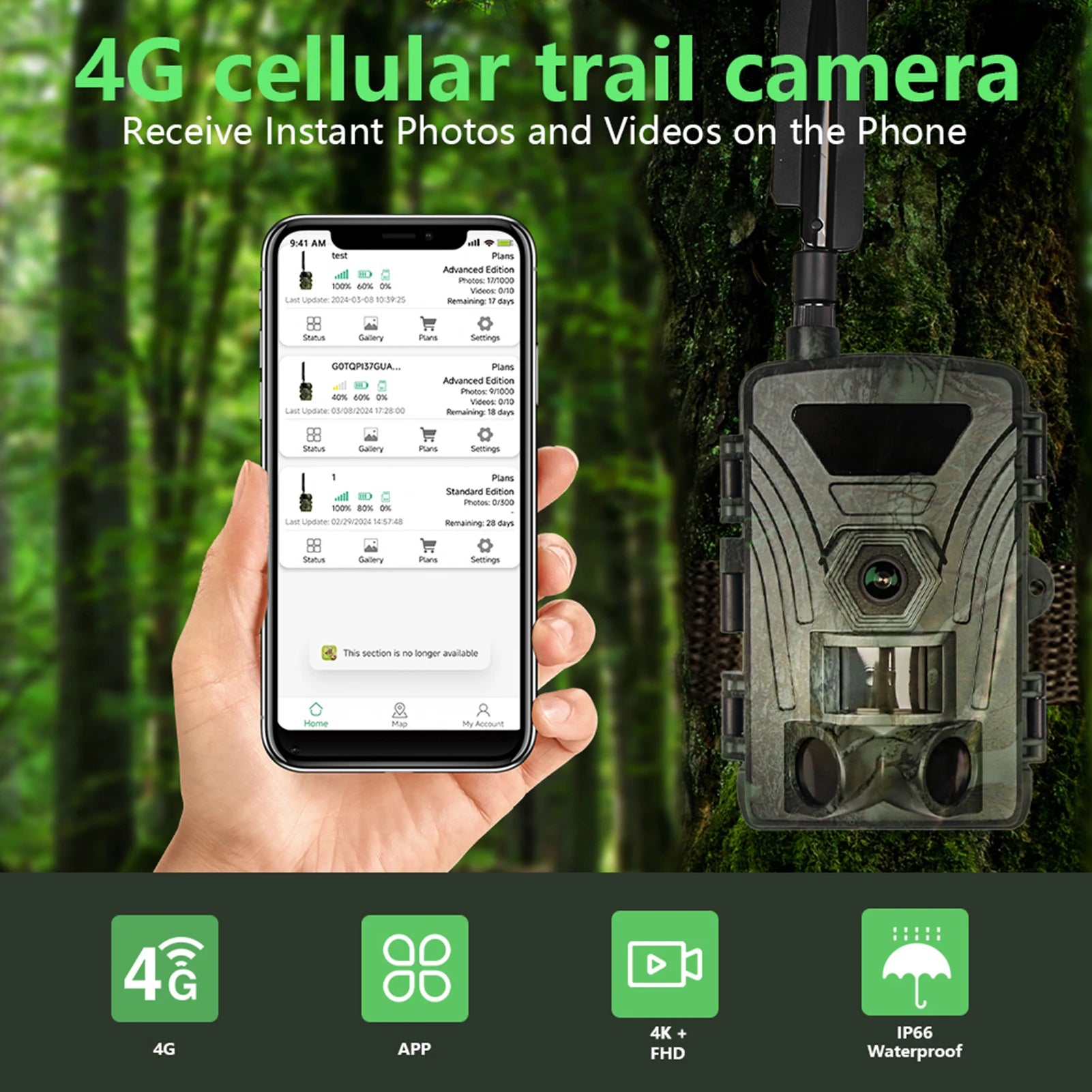 4G Trail Camera 4K Hunting Camera with SIM Card 60MP Photos Fast Trigger Wildlife Camera Infrared Camera Night Vision Camera