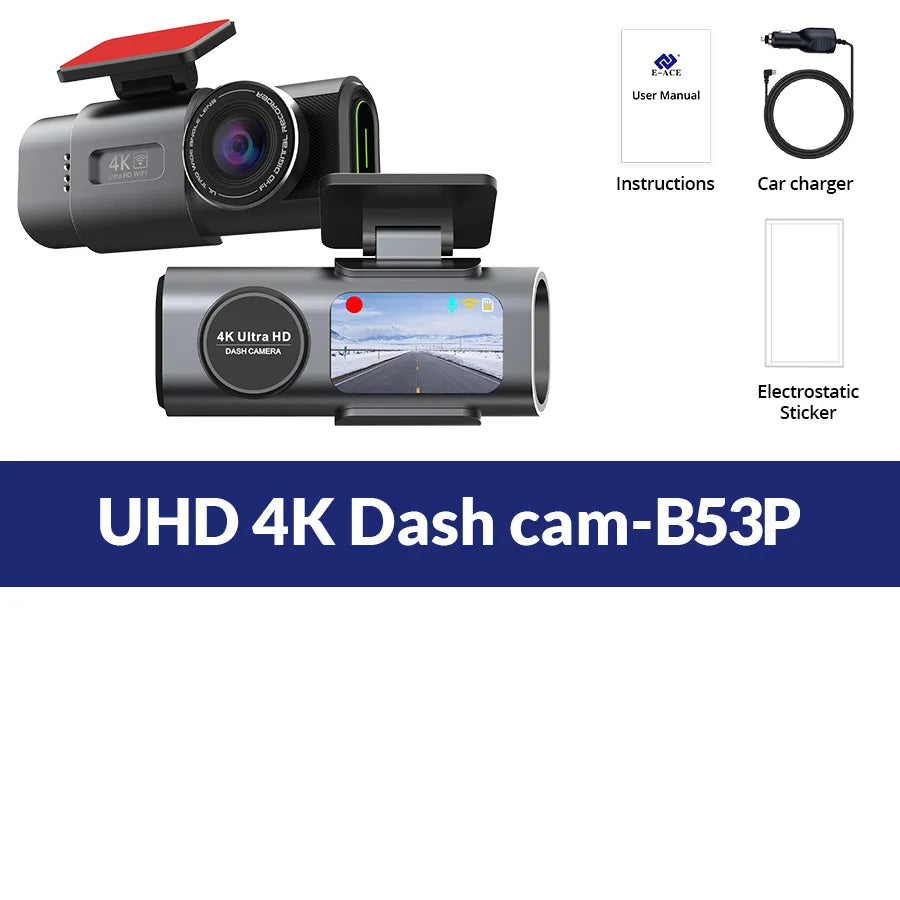 4K Dash Cam for Cars Dual Lens Camera DVR Video Recorder Auto Night Vision Black Box GPS Wi-Fi 24H Parking Mode