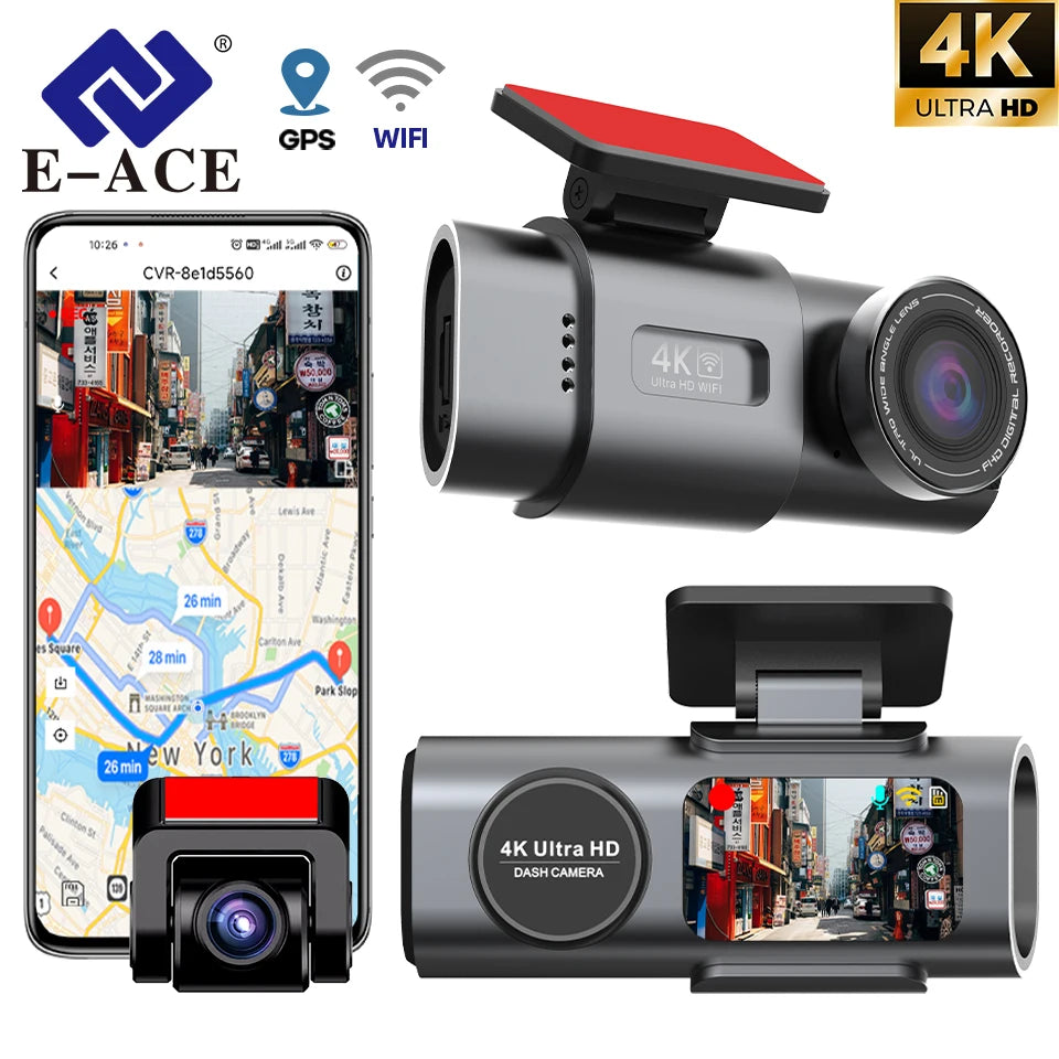 4K Dash Cam for Cars Dual Lens Camera DVR Video Recorder Auto Night Vision Black Box GPS Wi-Fi 24H Parking Mode