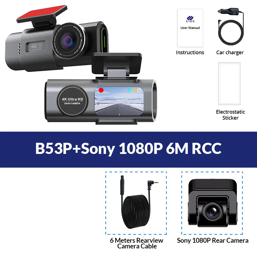 4K Dash Cam for Cars Dual Lens Camera DVR Video Recorder Auto Night Vision Black Box GPS Wi-Fi 24H Parking Mode